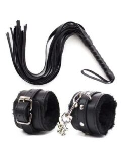 Female Sex Games Leather Whip Flogger Plush Sex Handcuffs Bondage-Black
